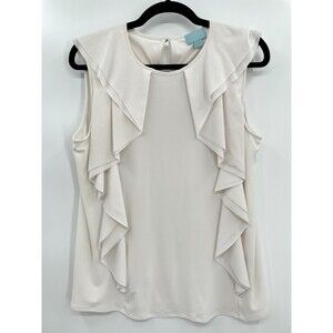 CECE White Sleeveless Ruffle Blouse Top Size L